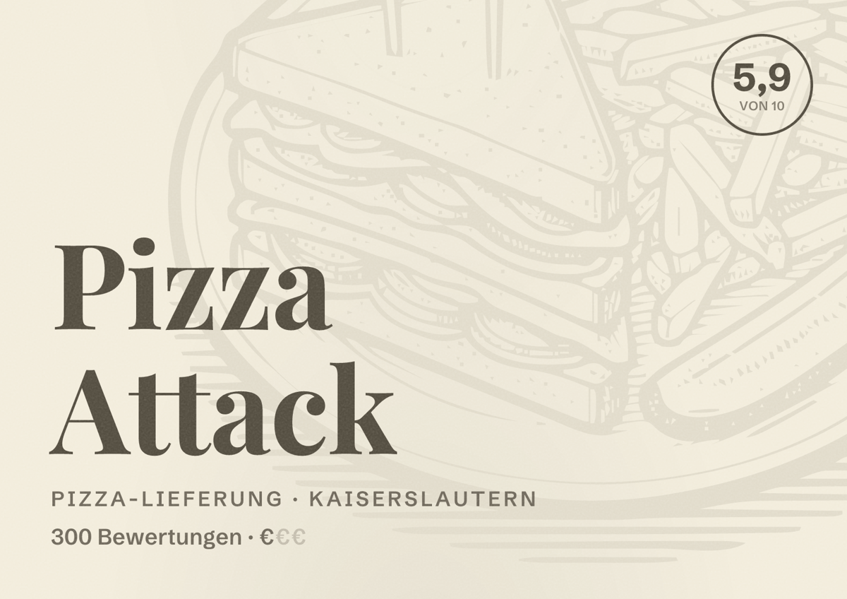 Illustriertes Poster von Pizza Attack, Pizza-Lieferung in Kaiserslautern: Bewertung 5,9 von 10 aus 300 Bewertungen, Preisniveau €
