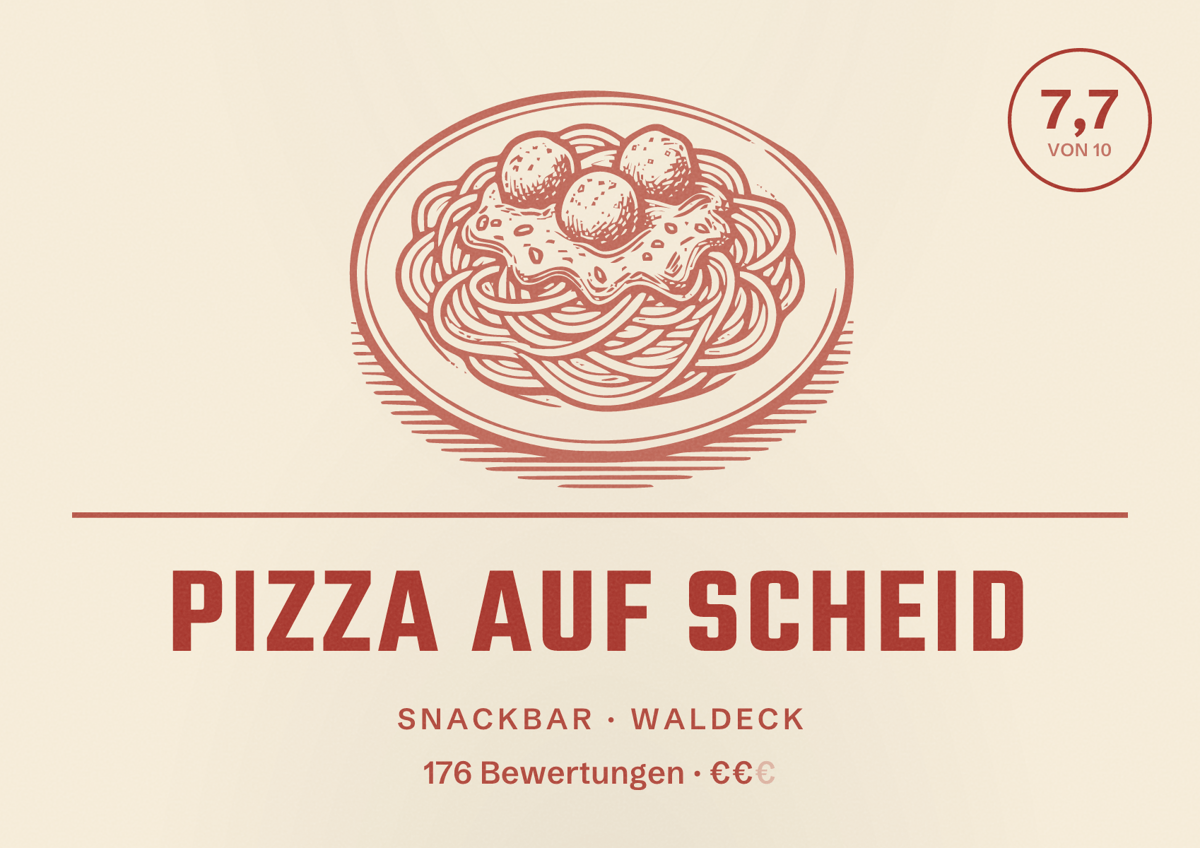 Illustriertes Poster von Pizza auf Scheid, Snackbar in Waldeck: Bewertung 7,7 von 10 aus 176 Bewertungen, Preisniveau €€