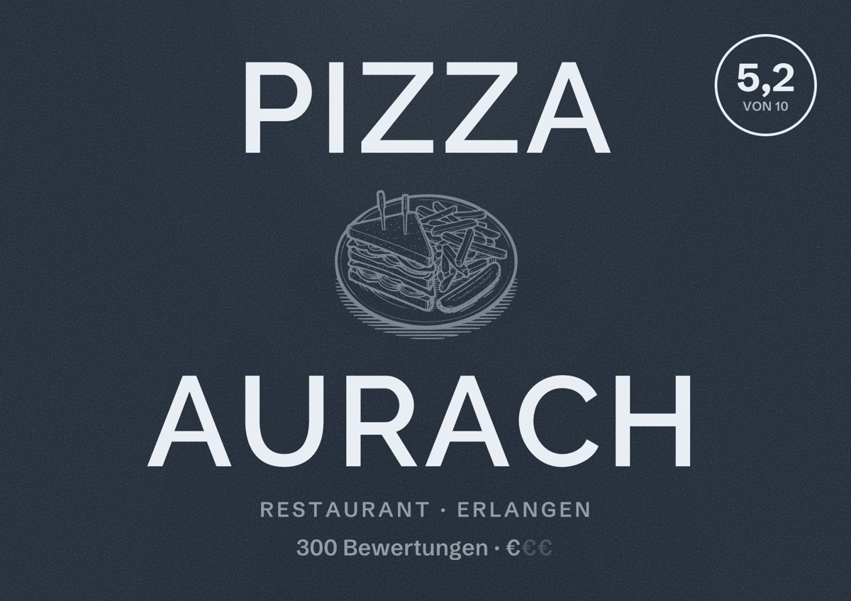 Illustriertes Poster von Pizza Aurach, Restaurant in Erlangen: Bewertung 5,2 von 10 aus 300 Bewertungen, Preisniveau €