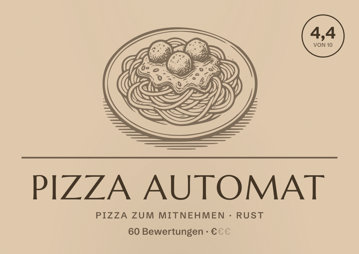 Illustriertes Poster von Pizza Automat, Pizza zum Mitnehmen in Rust: Bewertung 4,4 von 10 aus 60 Bewertungen, Preisniveau €