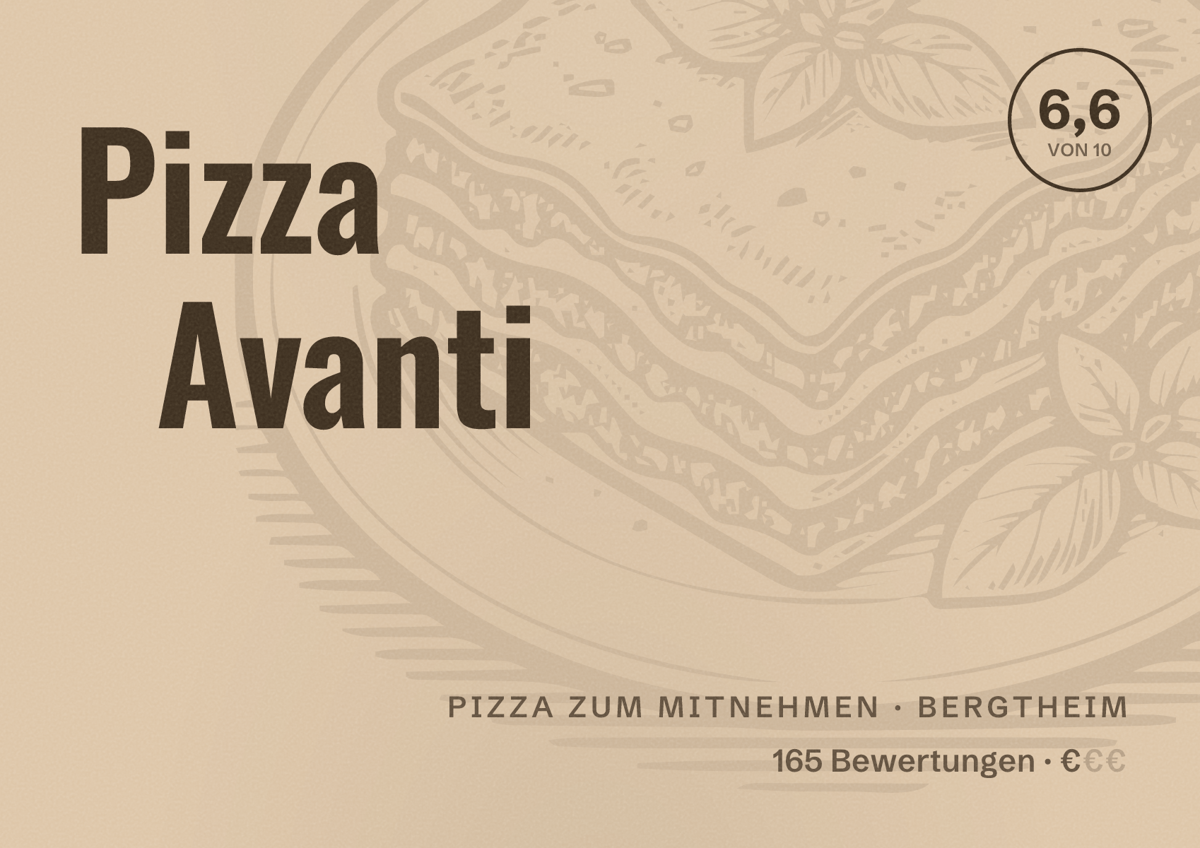 Illustriertes Poster von Pizza Avanti, Pizza zum Mitnehmen in Bergtheim: Bewertung 6,6 von 10 aus 165 Bewertungen, Preisniveau €