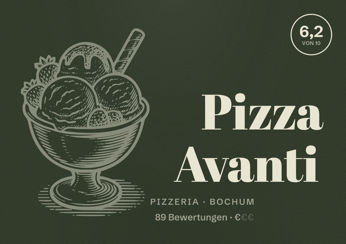 Illustriertes Poster von Pizza Avanti, Pizzeria in Bochum: Bewertung 6,2 von 10 aus 89 Bewertungen, Preisniveau €