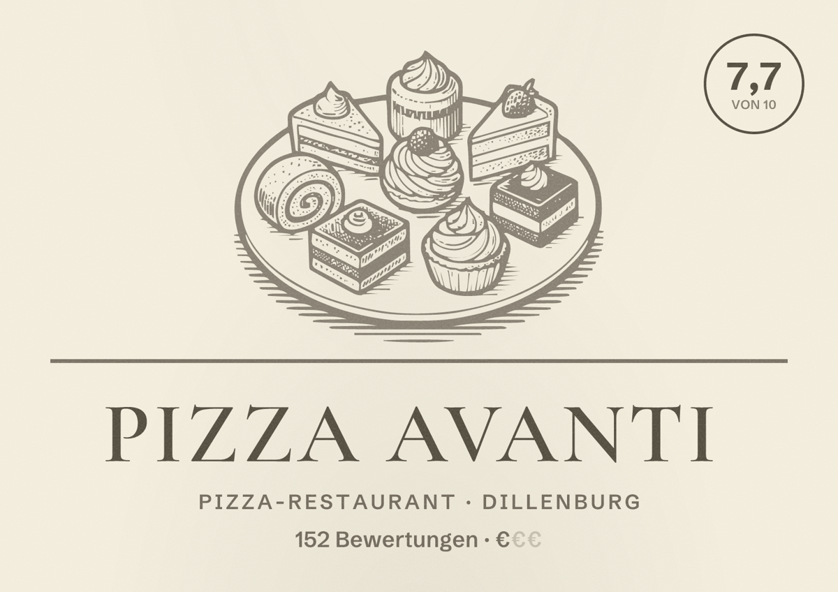 Illustriertes Poster von Pizza Avanti, Pizza-Restaurant in Dillenburg: Bewertung 7,7 von 10 aus 152 Bewertungen, Preisniveau €