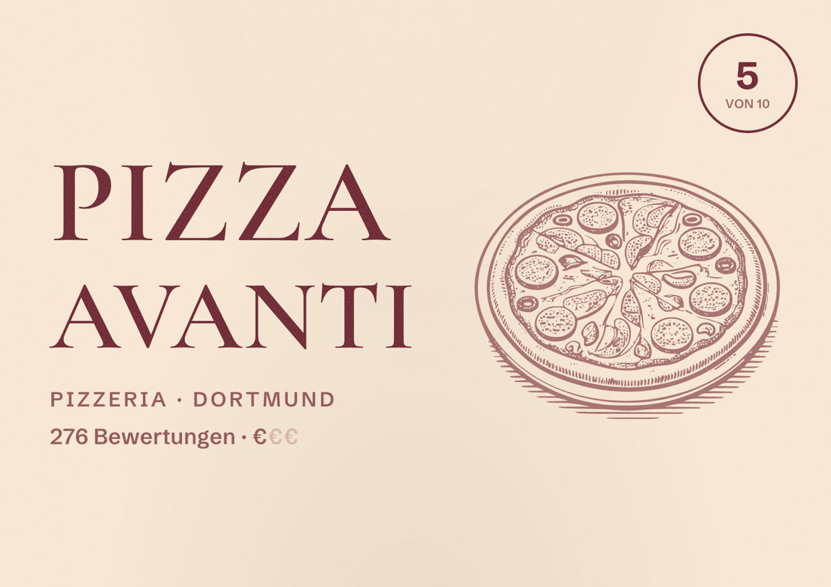 Illustriertes Poster von Pizza Avanti, Pizzeria in Dortmund: Bewertung 5 von 10 aus 276 Bewertungen, Preisniveau €