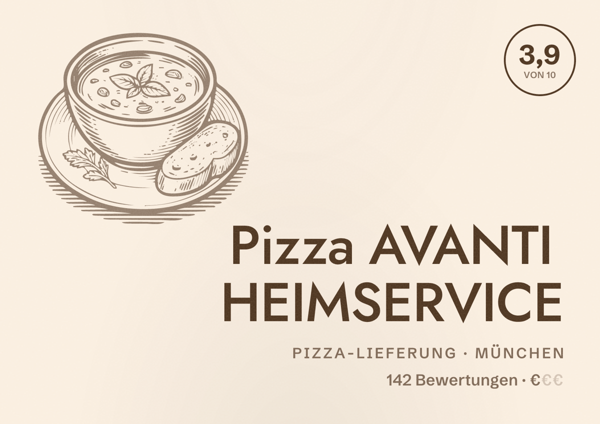 Illustriertes Poster von Pizza AVANTI HEIMSERVICE, Pizza-Lieferung in München: Bewertung 3,9 von 10 aus 142 Bewertungen, Preisniveau €