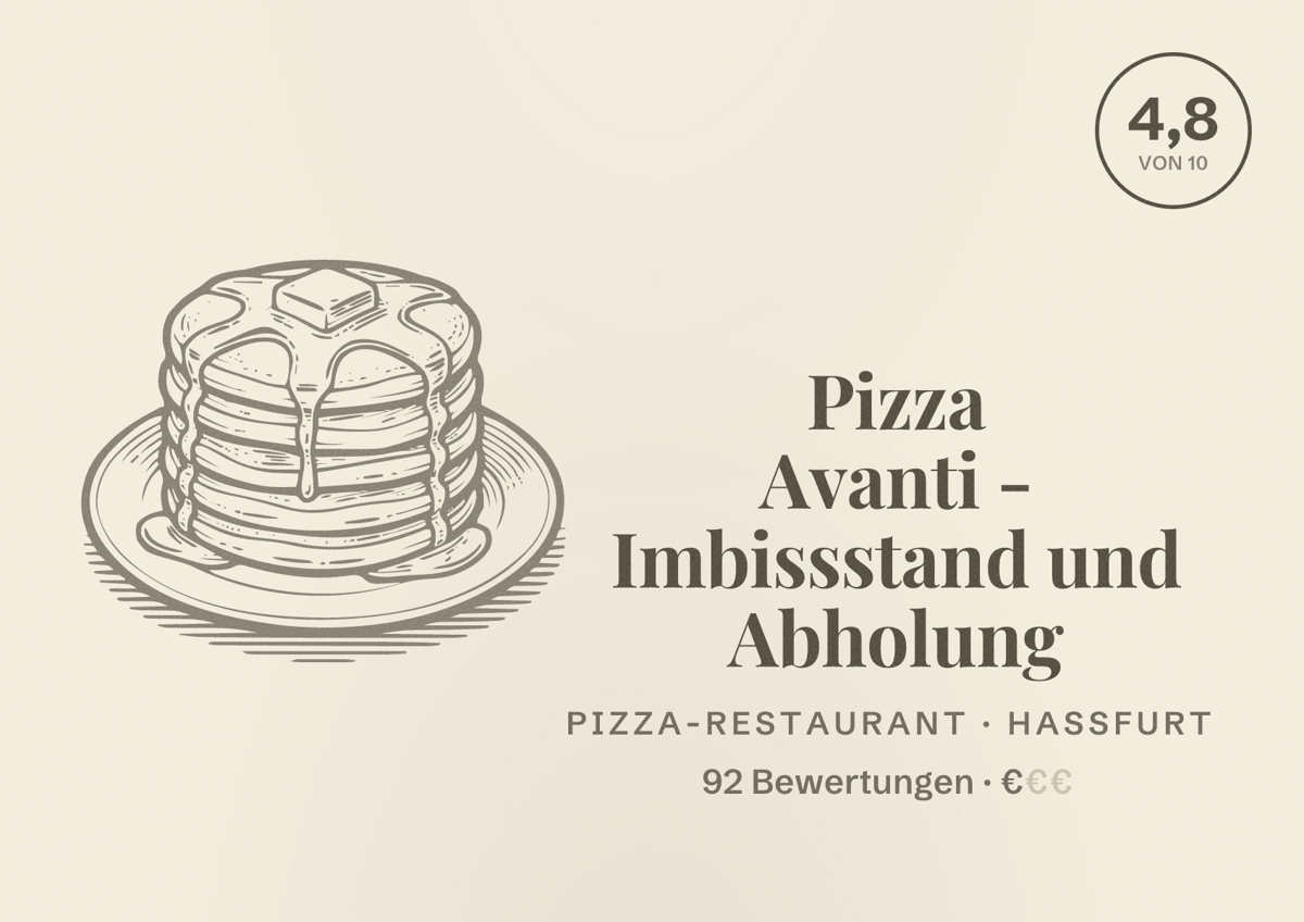 Illustriertes Poster von Pizza Avanti - Imbissstand und Abholung, Pizza-Restaurant in Haßfurt: Bewertung 4,8 von 10 aus 92 Bewertungen, Preisniveau €