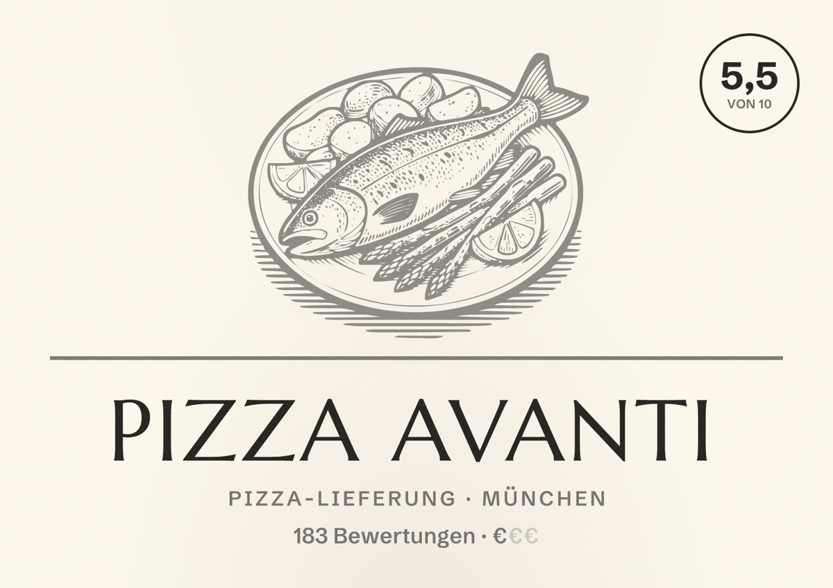 Illustriertes Poster von Pizza Avanti, Pizza-Lieferung in München: Bewertung 5,5 von 10 aus 183 Bewertungen, Preisniveau €