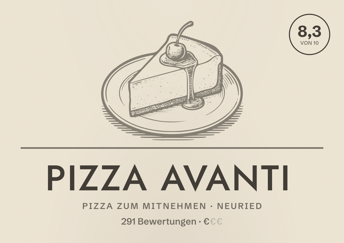 Illustriertes Poster von Pizza Avanti, Pizza zum Mitnehmen in Neuried: Bewertung 8,3 von 10 aus 291 Bewertungen, Preisniveau €