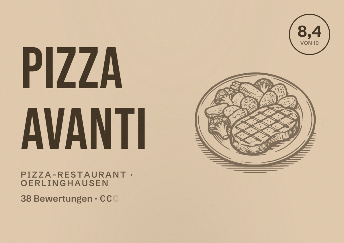 Illustriertes Poster von Pizza Avanti, Pizza-Restaurant in Oerlinghausen: Bewertung 8,4 von 10 aus 38 Bewertungen, Preisniveau €€