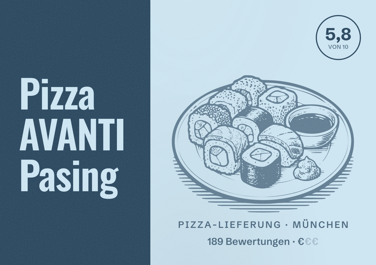 Illustriertes Poster von Pizza AVANTI Pasing, Pizza-Lieferung in München: Bewertung 5,8 von 10 aus 189 Bewertungen, Preisniveau €