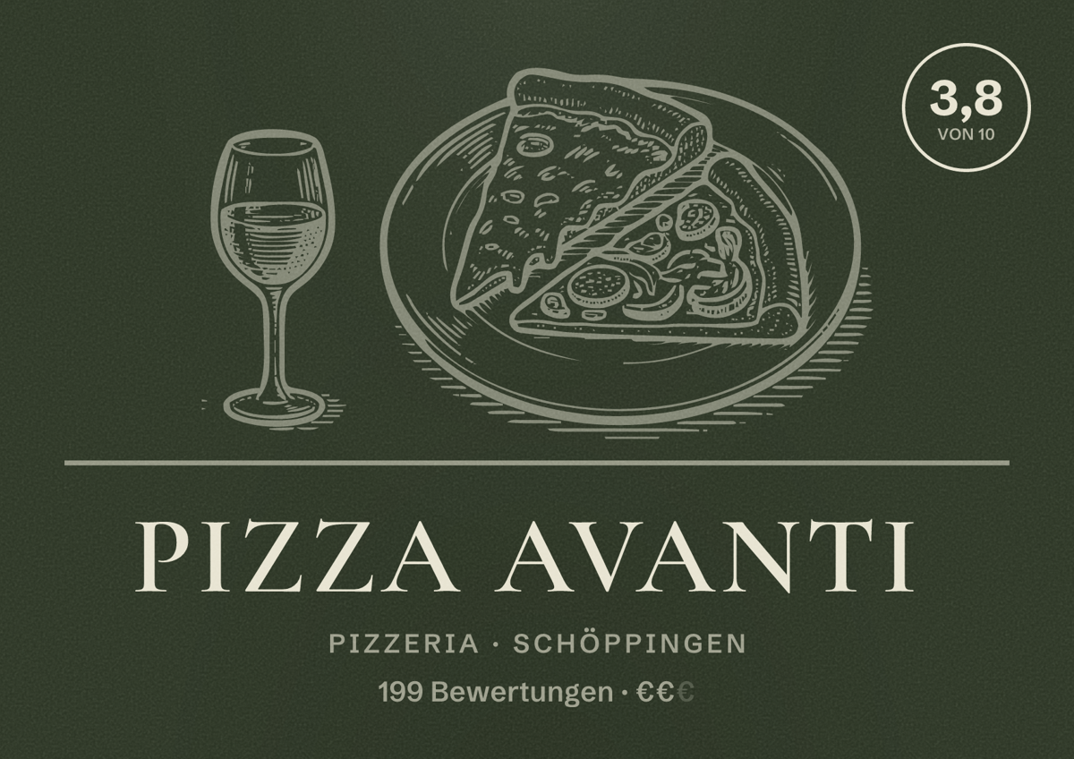 Illustriertes Poster von Pizza Avanti, Pizzeria in Schöppingen: Bewertung 3,8 von 10 aus 199 Bewertungen, Preisniveau €€