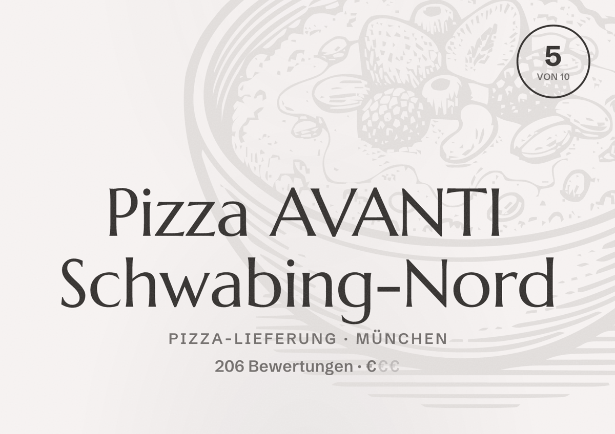 Illustriertes Poster von Pizza AVANTI Schwabing-Nord, Pizza-Lieferung in München: Bewertung 5,0 von 10 aus 206 Bewertungen, Preisniveau €