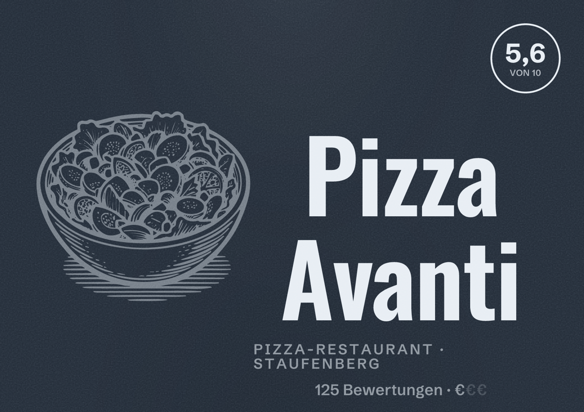 Illustriertes Poster von Pizza Avanti, Pizza-Restaurant in Staufenberg: Bewertung 5,6 von 10 aus 125 Bewertungen, Preisniveau €