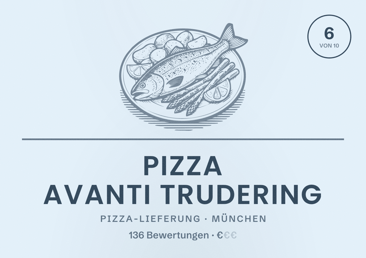 Illustriertes Poster von Pizza AVANTI Trudering, Pizza-Lieferung in München: Bewertung 6 von 10 aus 136 Bewertungen, Preisniveau €