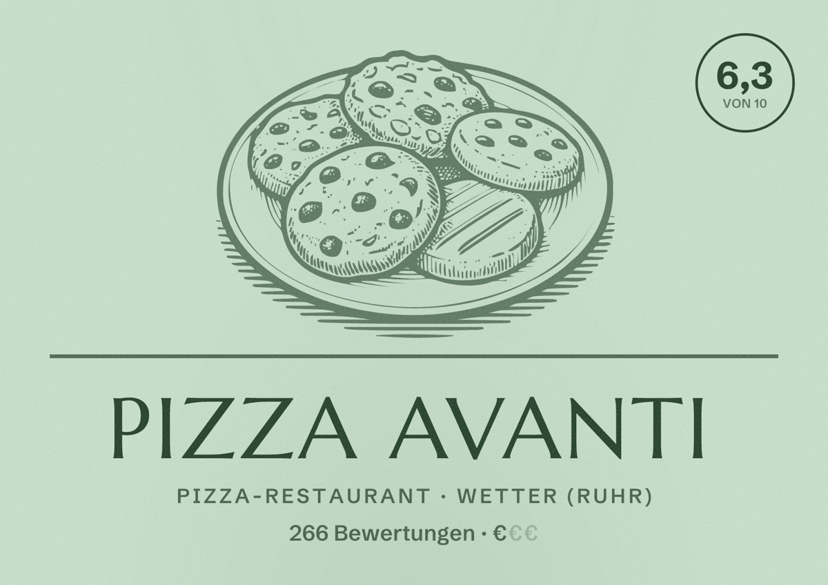 Illustriertes Poster von Pizza Avanti, Pizza-Restaurant in Wetter (Ruhr): Bewertung 6,3 von 10 aus 266 Bewertungen, Preisniveau €
