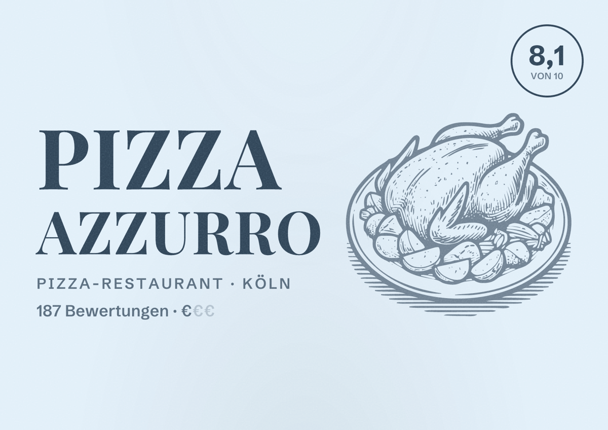 Illustriertes Poster von Pizza Azzurro, Pizza-Restaurant in Köln: Bewertung 8,1 von 10 aus 187 Bewertungen, Preisniveau €