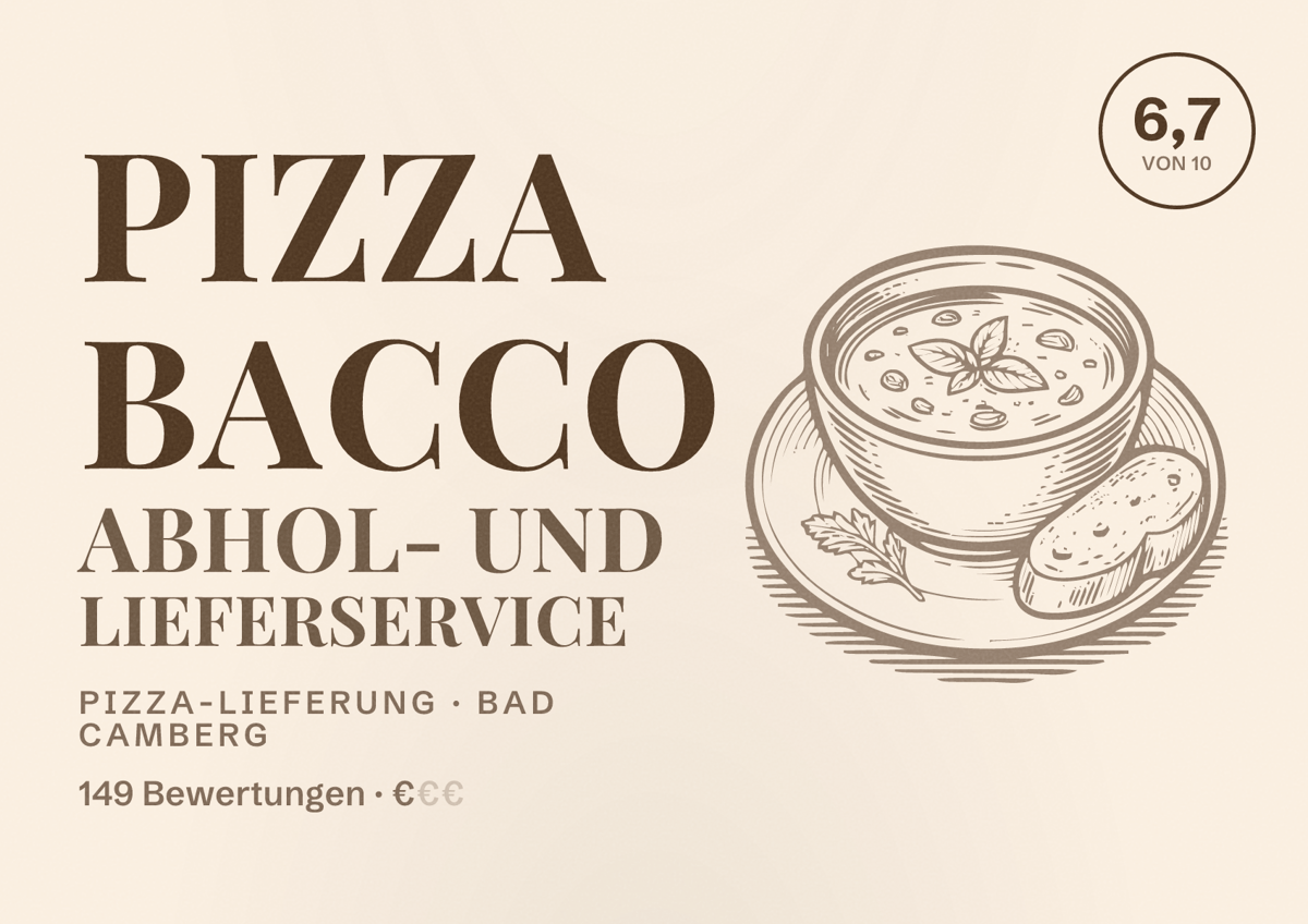 Illustriertes Poster von Pizza Bacco Abhol- und Lieferservice, Pizza-Lieferung in Bad Camberg: Bewertung 6,7 von 10 aus 149 Bewertungen, Preisniveau €