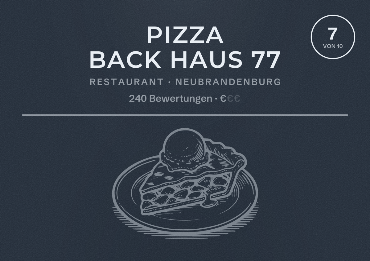 Illustriertes Poster von Pizza Back Haus 77, Restaurant in Neubrandenburg: Bewertung 7 von 10 aus 240 Bewertungen, Preisniveau €