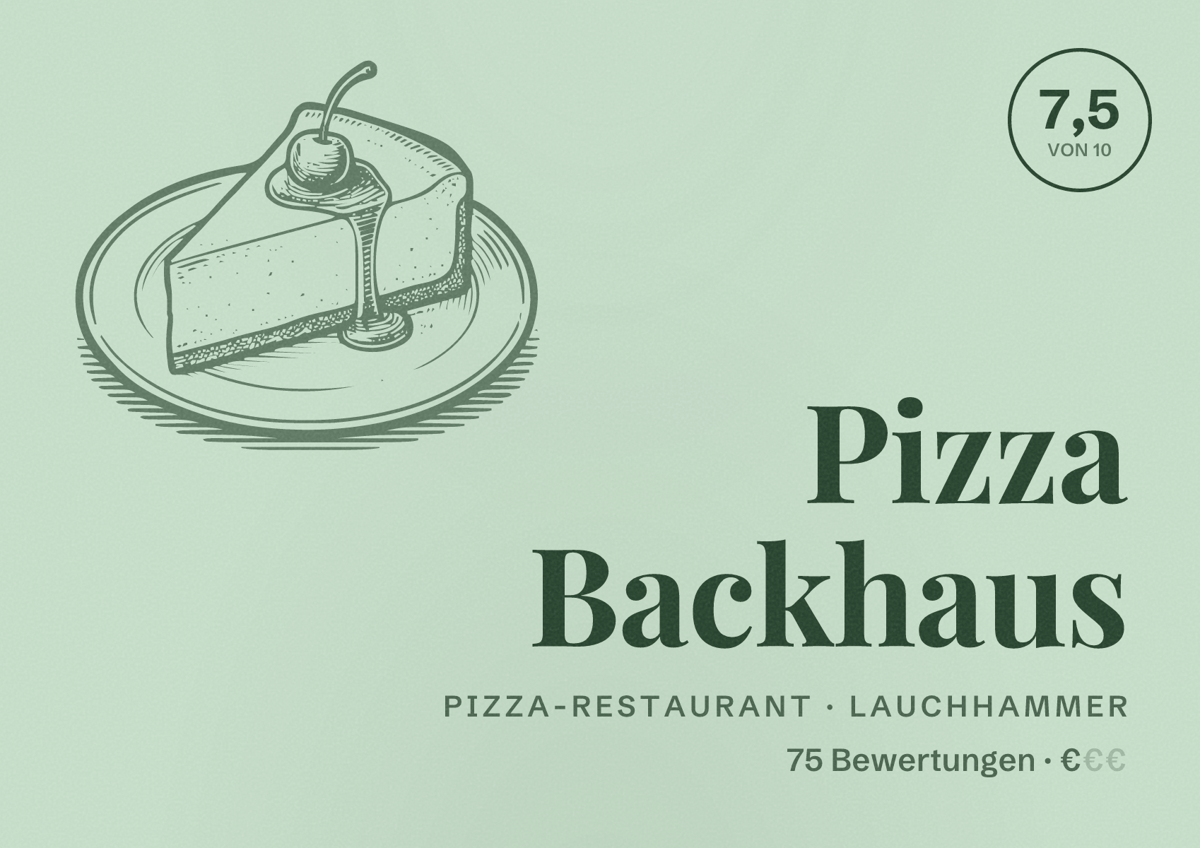 Illustriertes Poster von Pizza Backhaus, Pizza-Restaurant in Lauchhammer: Bewertung 7,5 von 10 aus 75 Bewertungen, Preisniveau €