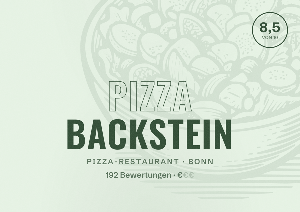 Illustriertes Poster von Pizza Backstein, Pizza-Restaurant in Bonn: Bewertung 8,5 von 10 aus 192 Bewertungen, Preisniveau €