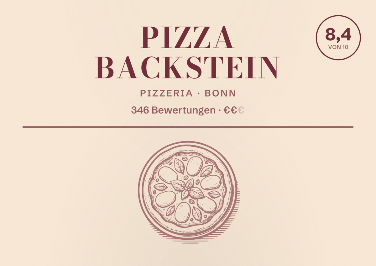 Illustriertes Poster von Pizza Backstein, Pizzeria in Bonn: Bewertung 8,4 von 10 aus 346 Bewertungen, Preisniveau €€