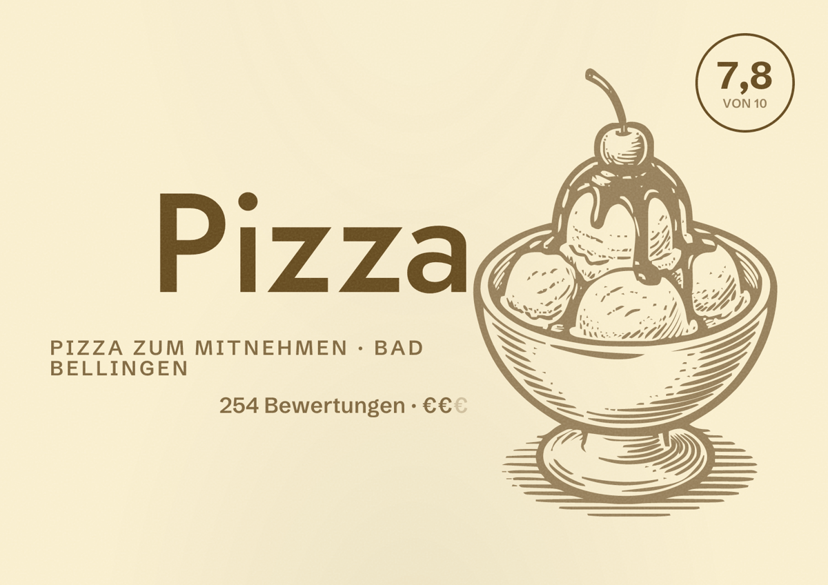 Illustriertes Poster von Pizza, Pizza zum Mitnehmen in Bad Bellingen: Bewertung 7,8 von 10 aus 254 Bewertungen, Preisniveau €€