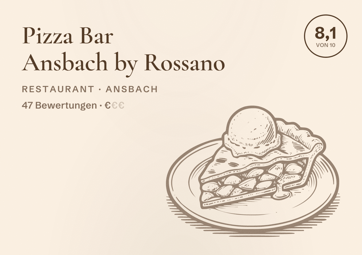 Illustriertes Poster von Pizza Bar Ansbach by Rossano, Restaurant in Ansbach: Bewertung 8,1 von 10 aus 47 Bewertungen, Preisniveau €