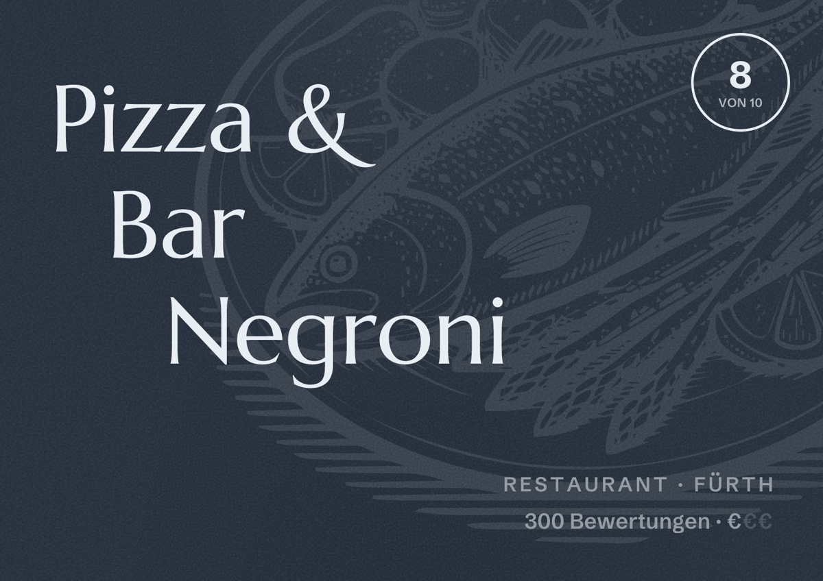 Illustriertes Poster von Pizza & Bar Negroni, Restaurant in Fürth: Bewertung 8 von 10 aus 300 Bewertungen, Preisniveau €