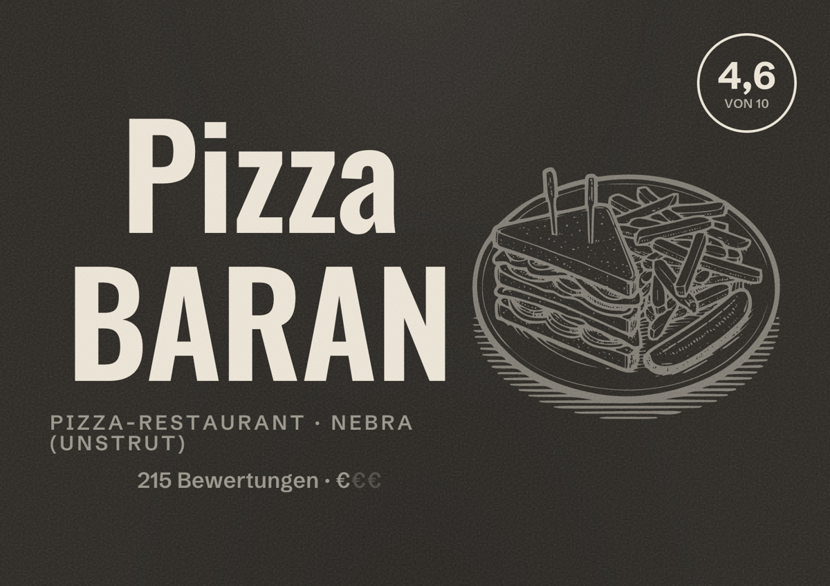 Illustriertes Poster von Pizza BARAN, Pizza-Restaurant in Nebra (Unstrut): Bewertung 4,6 von 10 aus 215 Bewertungen, Preisniveau €