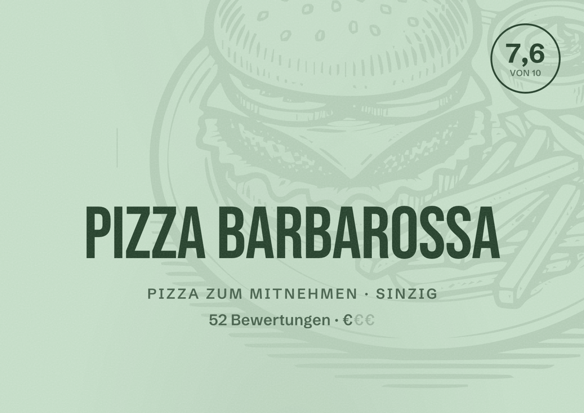 Illustriertes Poster von Pizza Barbarossa, Pizza zum Mitnehmen in Sinzig: Bewertung 7,6 von 10 aus 52 Bewertungen, Preisniveau €