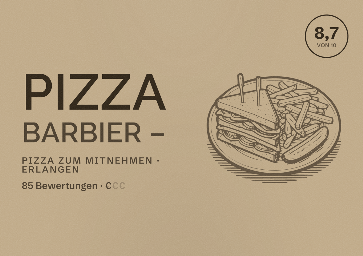 Illustriertes Poster von Pizza Barbier –, Pizza zum Mitnehmen in Erlangen: Bewertung 8,7 von 10 aus 85 Bewertungen, Preisniveau €