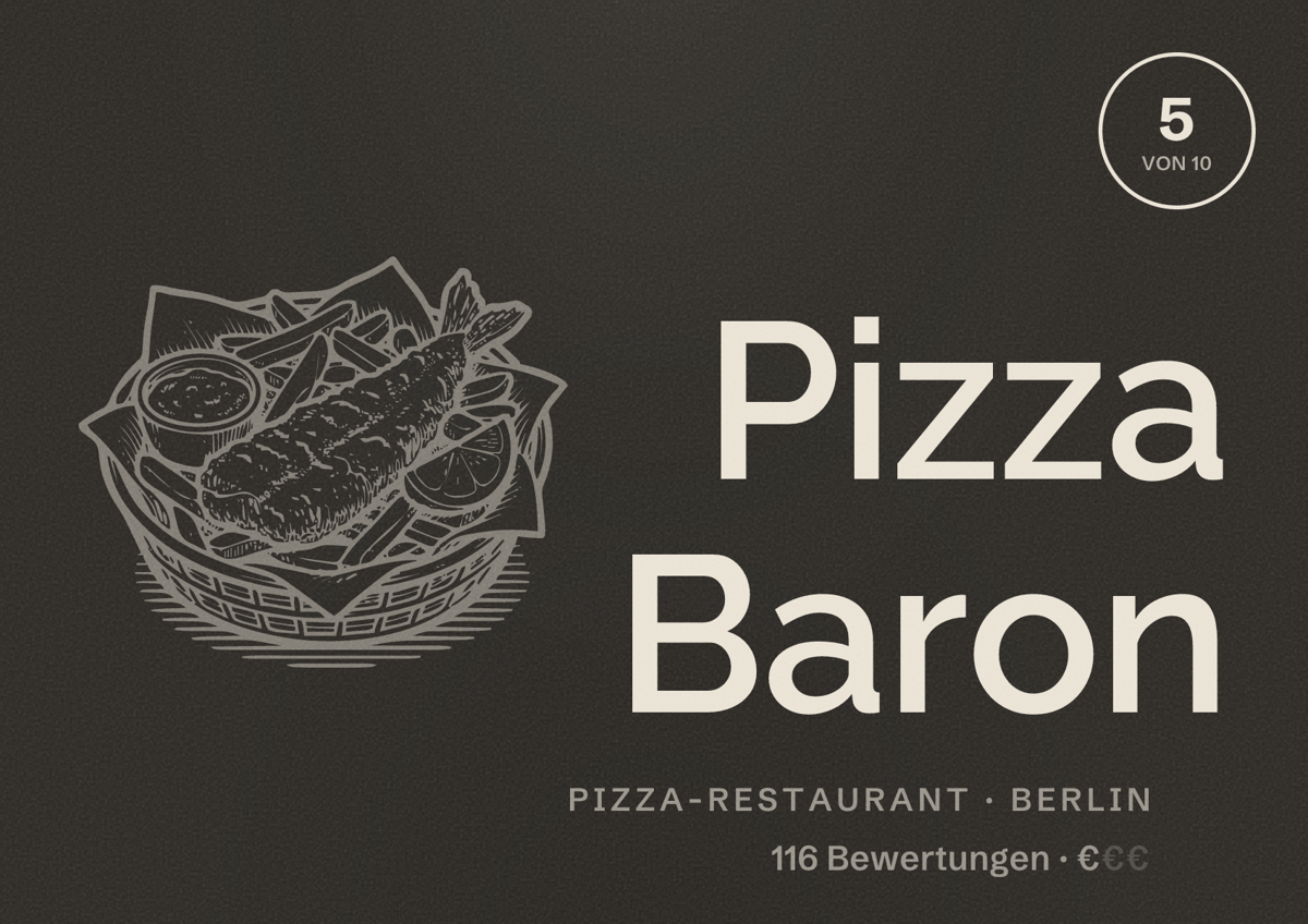Illustriertes Poster von Pizza Baron, Pizza-Restaurant in Berlin: Bewertung 5 von 10 aus 116 Bewertungen, Preisniveau €