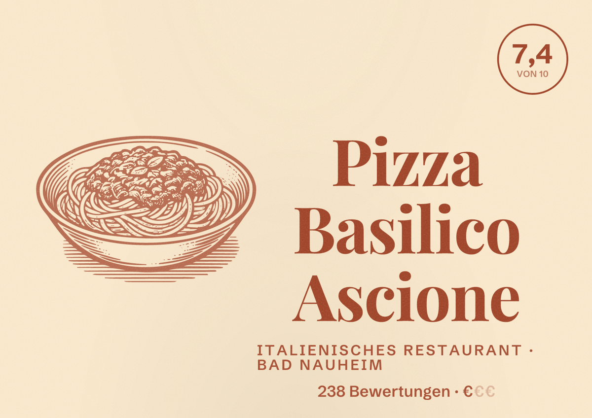 Illustriertes Poster von Pizza Basilico Ascione, Italienisches Restaurant in Bad Nauheim: Bewertung 7,4 von 10 aus 238 Bewertungen, Preisniveau €