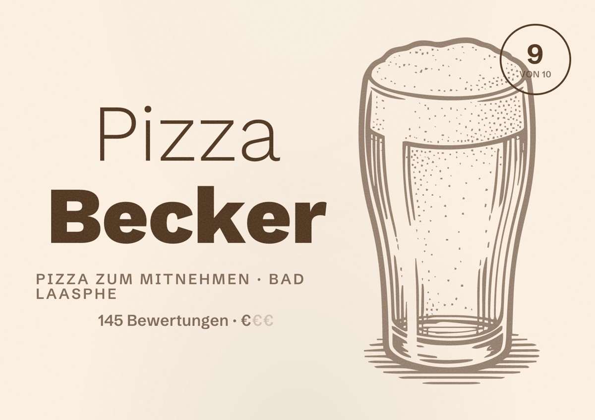 Illustriertes Poster von Pizza Becker, Pizza zum Mitnehmen in Bad Laasphe: Bewertung 9 von 10 aus 145 Bewertungen, Preisniveau €