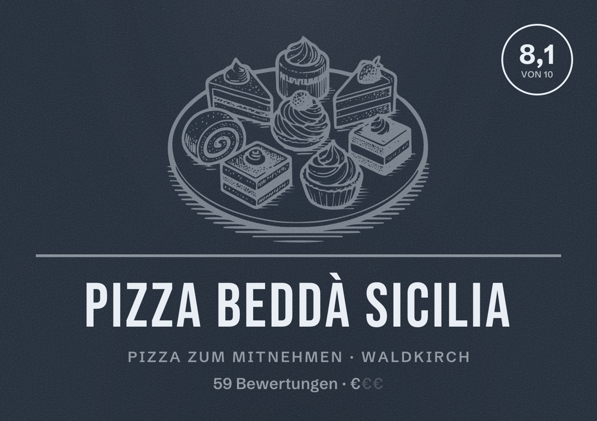 Illustriertes Poster von Pizza Beddà Sicilia, Pizza zum Mitnehmen in Waldkirch: Bewertung 8,1 von 10 aus 59 Bewertungen, Preisniveau €