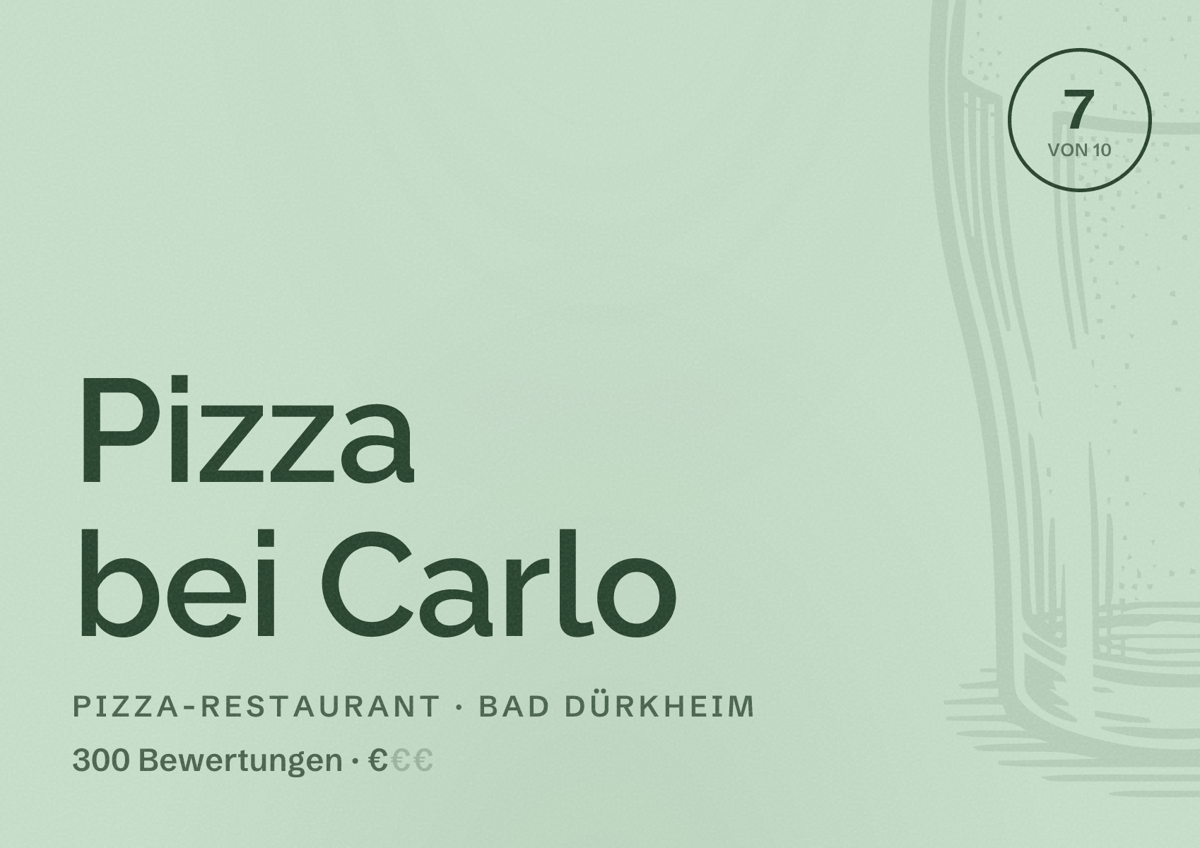 Illustriertes Poster von Pizza bei Carlo, Pizza-Restaurant in Bad Dürkheim: Bewertung 7 von 10 aus 300 Bewertungen, Preisniveau €