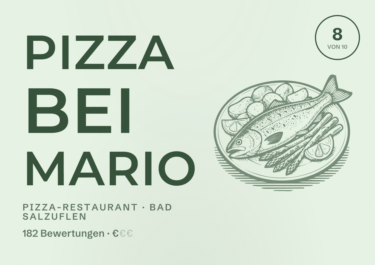 Illustriertes Poster von Pizza bei Mario, Pizza-Restaurant in Bad Salzuflen: Bewertung 8 von 10 aus 182 Bewertungen, Preisniveau €