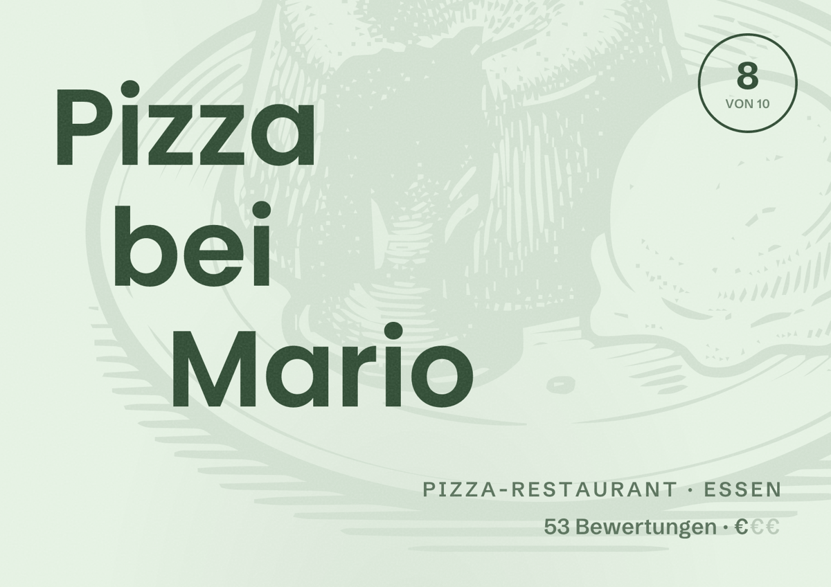 Illustriertes Poster von Pizza bei Mario, Pizza-Restaurant in Essen: Bewertung 8 von 10 aus 53 Bewertungen, Preisniveau €