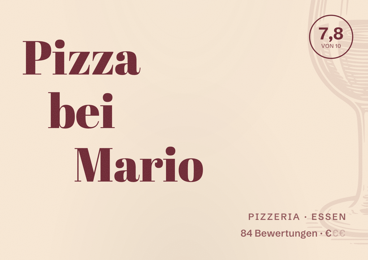 Illustriertes Poster von Pizza bei Mario, Pizzeria in Essen: Gästebewertung 7,8 von 10 aus 84 Bewertungen