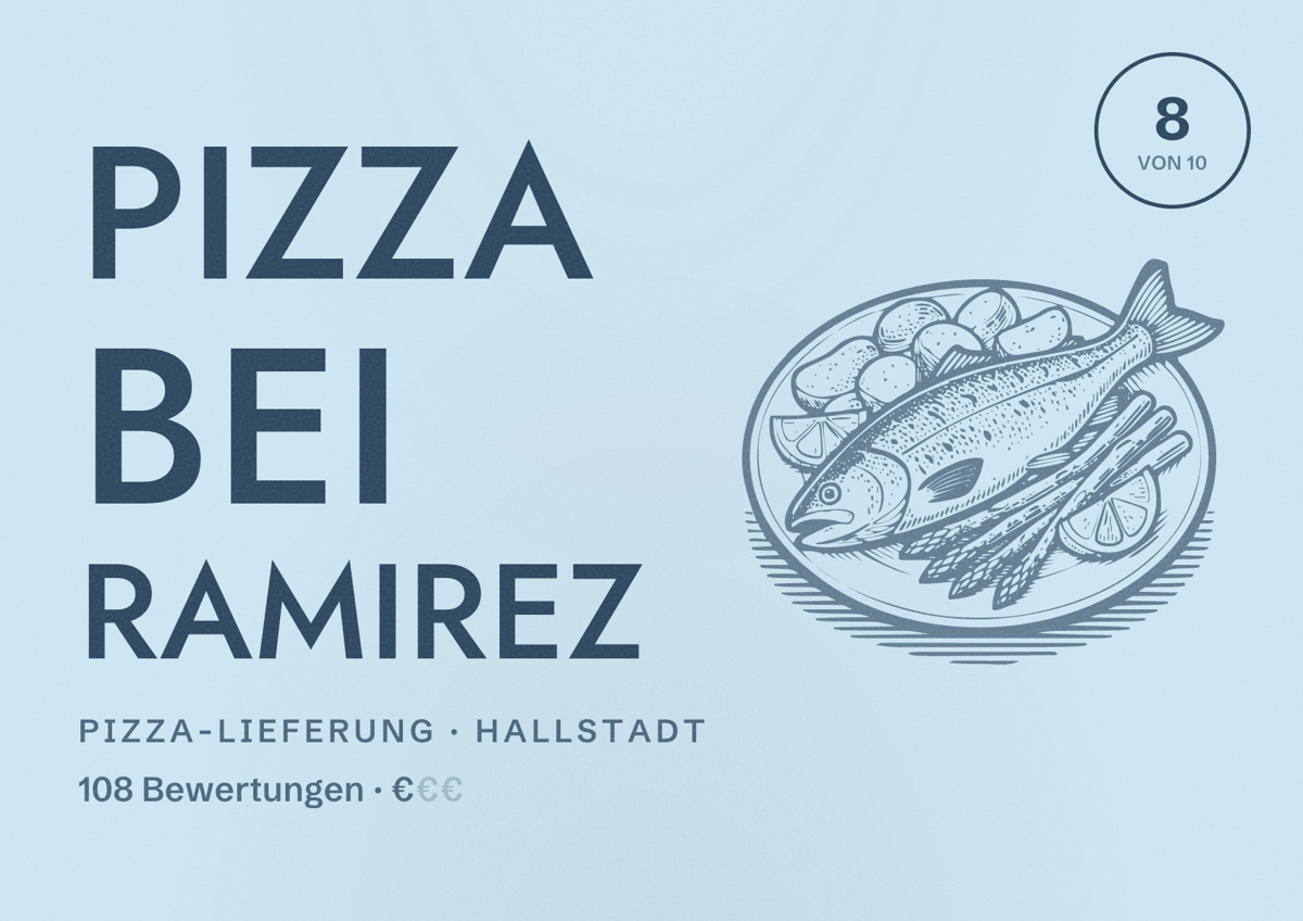 Illustriertes Poster von Pizza bei Ramirez, Pizza-Lieferung in Hallstadt: Bewertung 8 von 10 aus 108 Bewertungen, Preisniveau €
