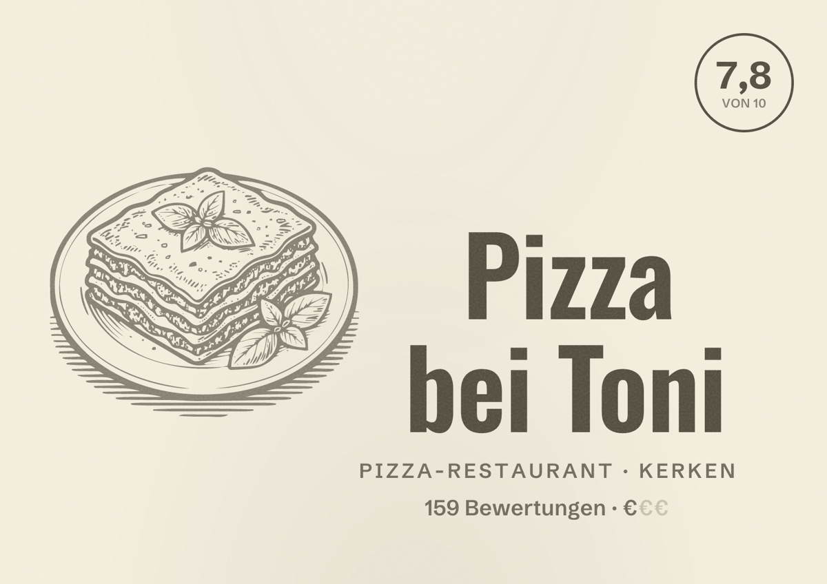 Illustriertes Poster von Pizza bei Toni, Pizza-Restaurant in Kerken: Bewertung 7,8 von 10 aus 159 Bewertungen, Preisniveau €