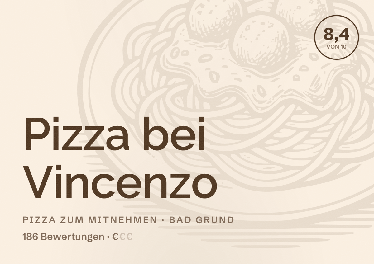 Illustriertes Poster von Pizza bei Vincenzo, Pizza zum Mitnehmen in Bad Grund: Bewertung 8,4 von 10 aus 186 Bewertungen, Preisniveau €