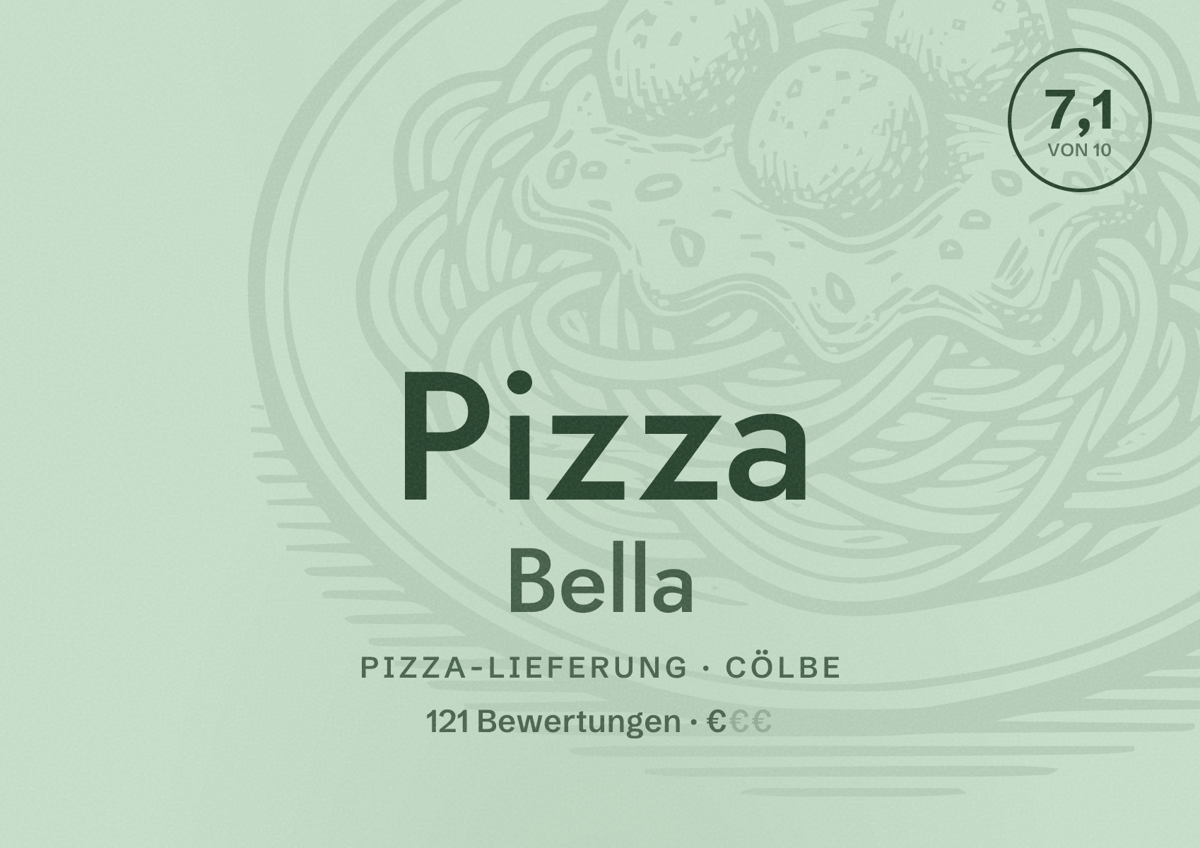 Illustriertes Poster von Pizza Bella, Pizza-Lieferung in Cölbe: Bewertung 7,1 von 10 aus 121 Bewertungen, Preisniveau €