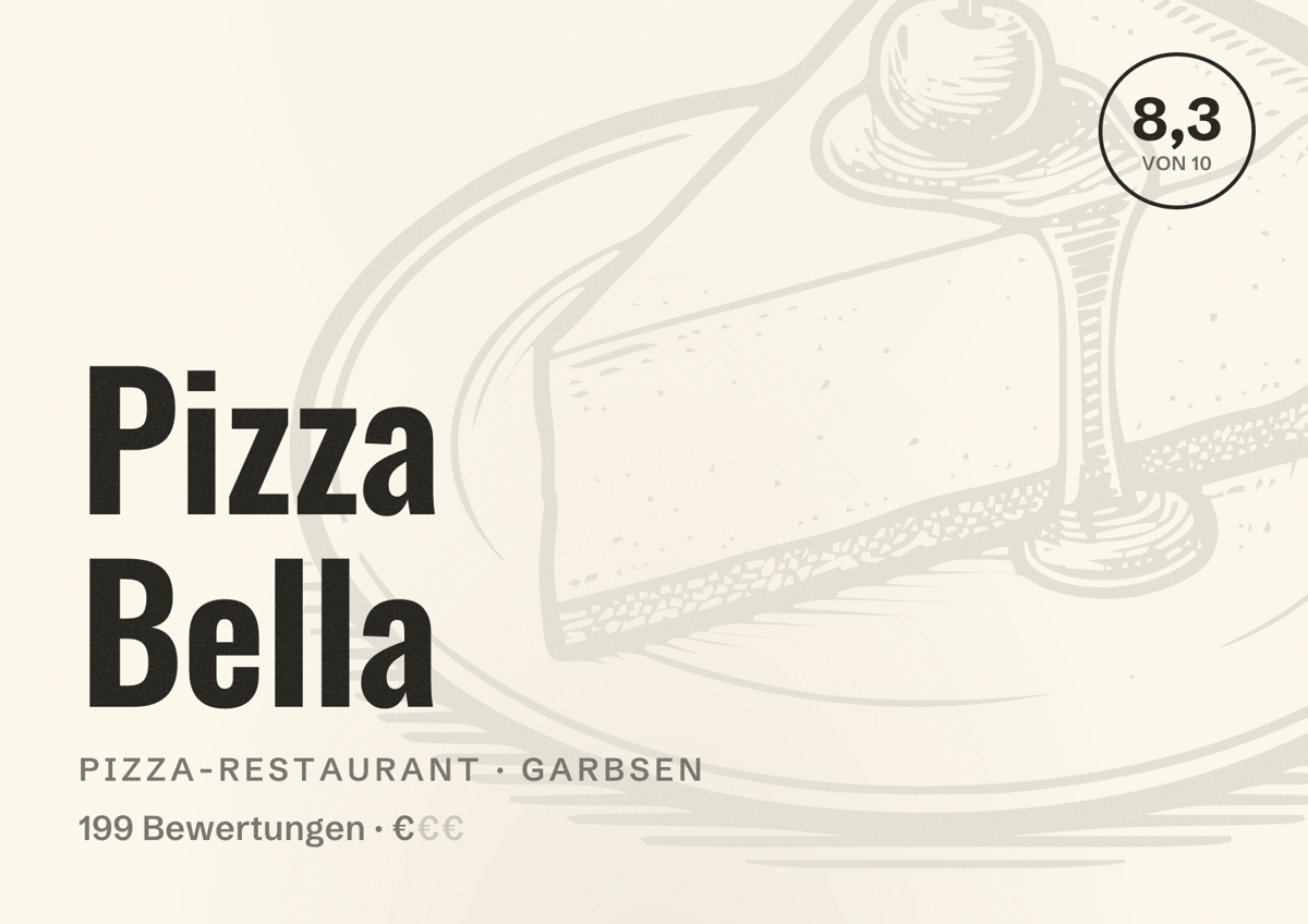 Illustriertes Poster von Pizza Bella, Pizza-Restaurant in Garbsen: Bewertung 8,3 von 10 aus 199 Bewertungen, Preisniveau €