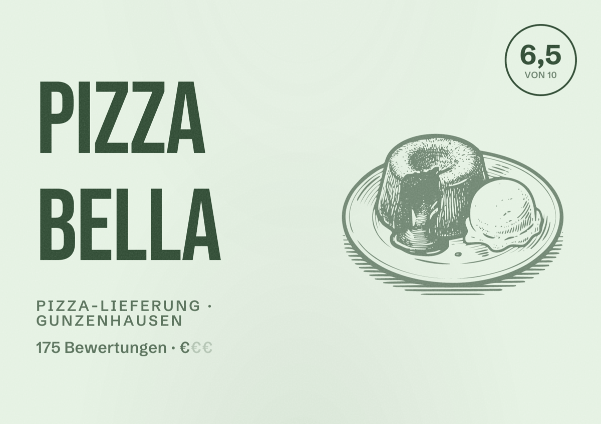 Illustriertes Poster von Pizza Bella, Pizza-Lieferung in Gunzenhausen: Bewertung 6,5 von 10 aus 175 Bewertungen, Preisniveau €