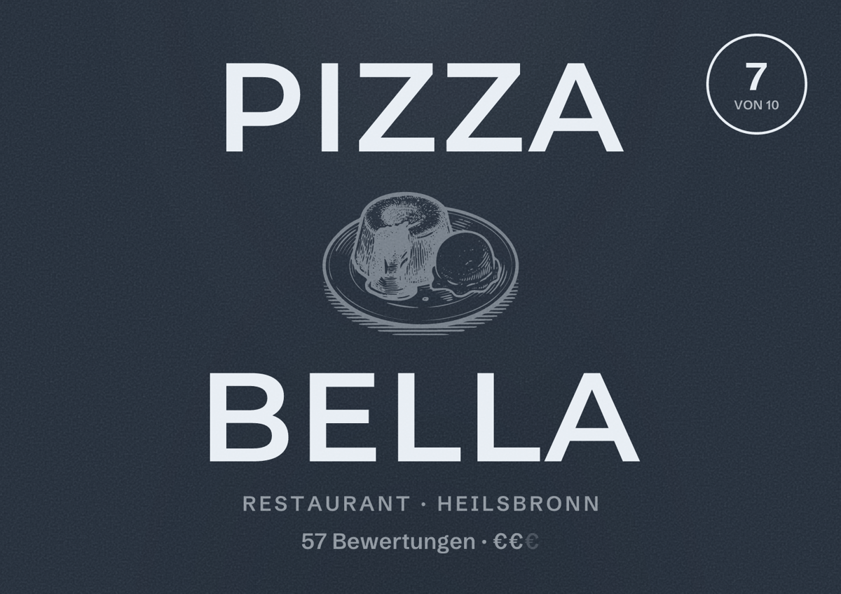 Illustriertes Poster von Pizza Bella, Restaurant in Heilsbronn: Bewertung 7 von 10 aus 57 Bewertungen, Preisniveau €€