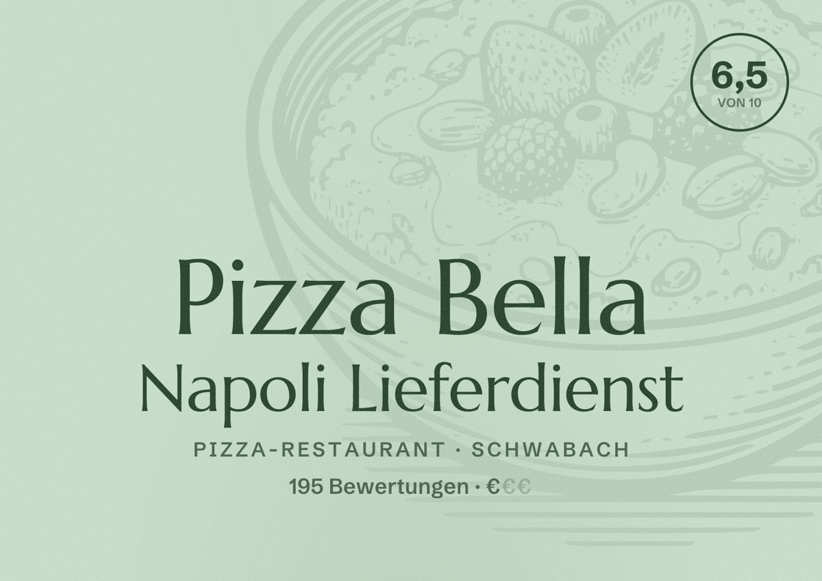 Illustriertes Poster von Pizza Bella Napoli Lieferdienst, Pizza-Restaurant in Schwabach: Bewertung 6,5 von 10 aus 195 Bewertungen, Preisniveau €
