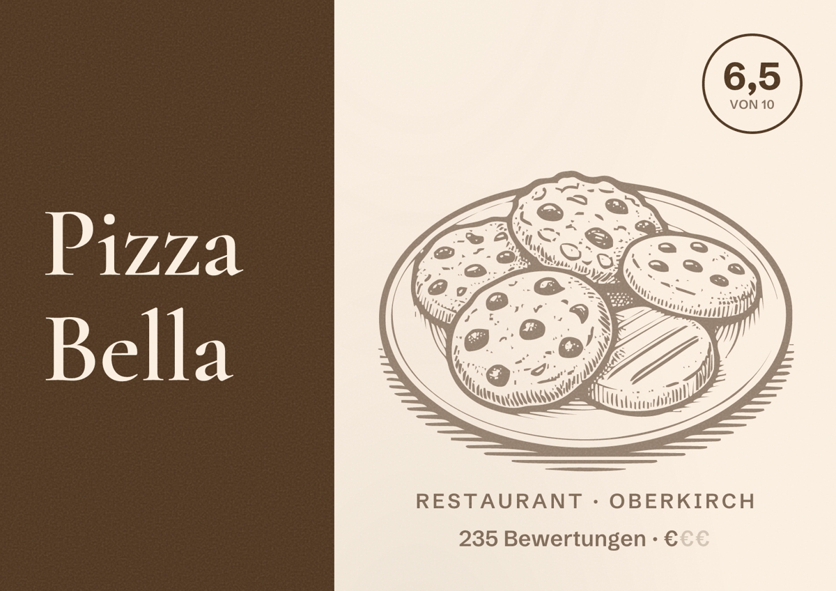 Illustriertes Poster von Pizza Bella, Restaurant in Oberkirch: Bewertung 6,5 von 10 aus 235 Bewertungen, Preisniveau €