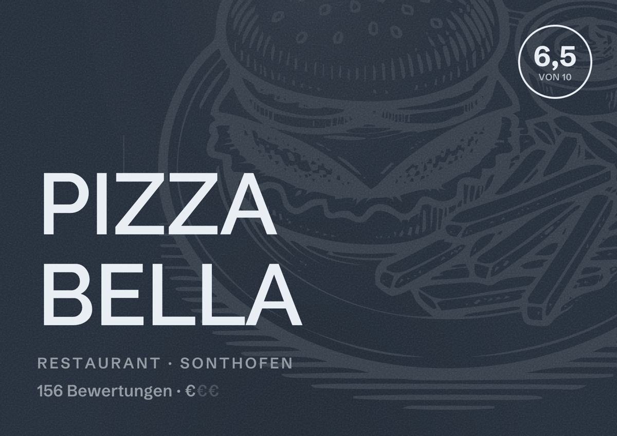 Illustriertes Poster von PIZZA BELLA, Restaurant in Sonthofen: Bewertung 6,5 von 10 aus 156 Bewertungen, Preisniveau €