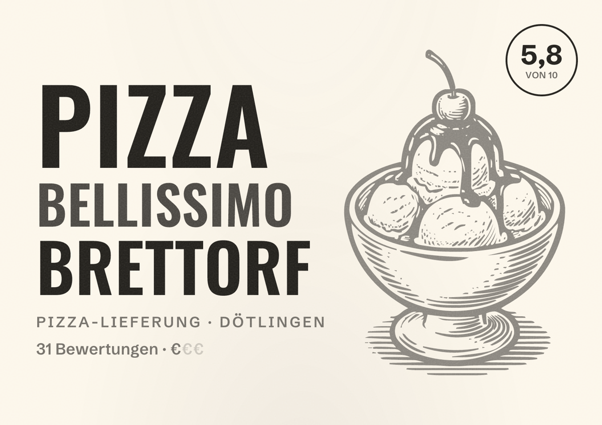 Illustriertes Poster von Pizza Bellissimo Brettorf, Pizza-Lieferung in Dötlingen: Bewertung 5,8 von 10 aus 31 Bewertungen, Preisniveau €